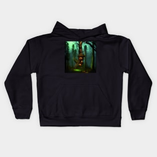 Magical Cottage Tree House with Lights in Forest with High Trees, Scenery Nature Kids Hoodie